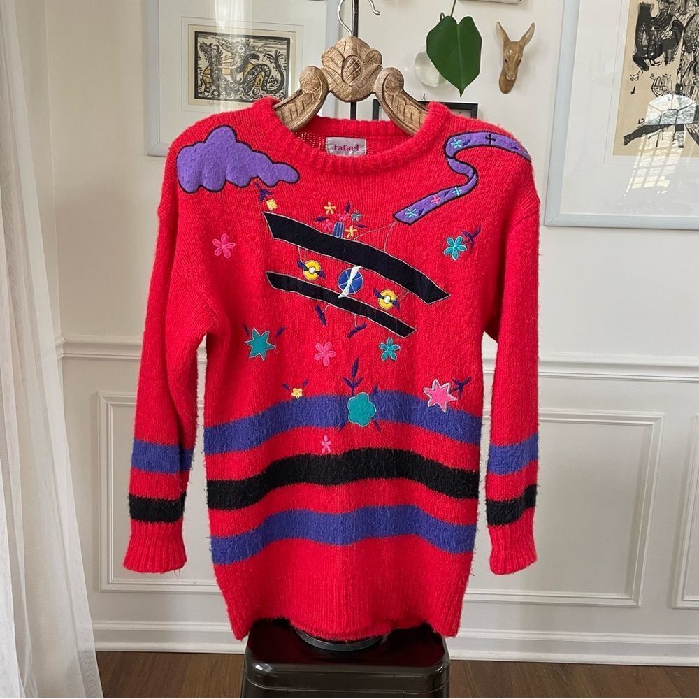 Vintage 80s 1980s Rafael Acrylic Mohair Biplane Airplane Novelty  Sweater M